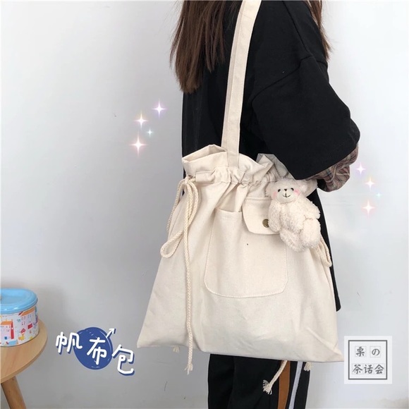 Canvas tote bag pocket plaid cream drawstring bags cute bear pins set checker - Picture 7 of 7